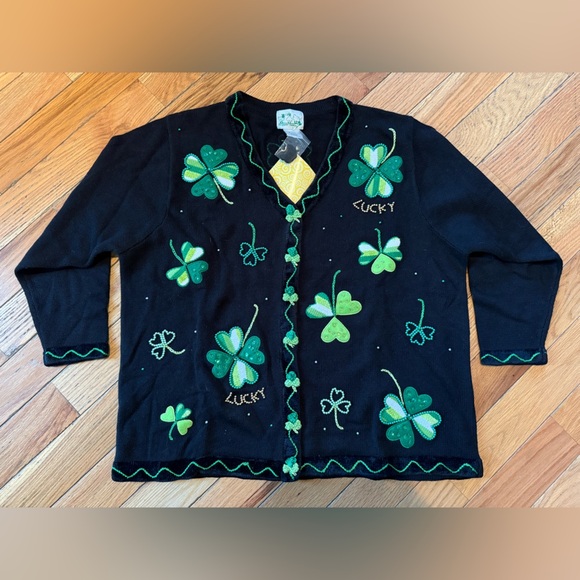 Quacker Factory St Patricks Day Cardigan Sweater Women Sz 1X Irish Shamrocks NWT - Picture 1 of 14